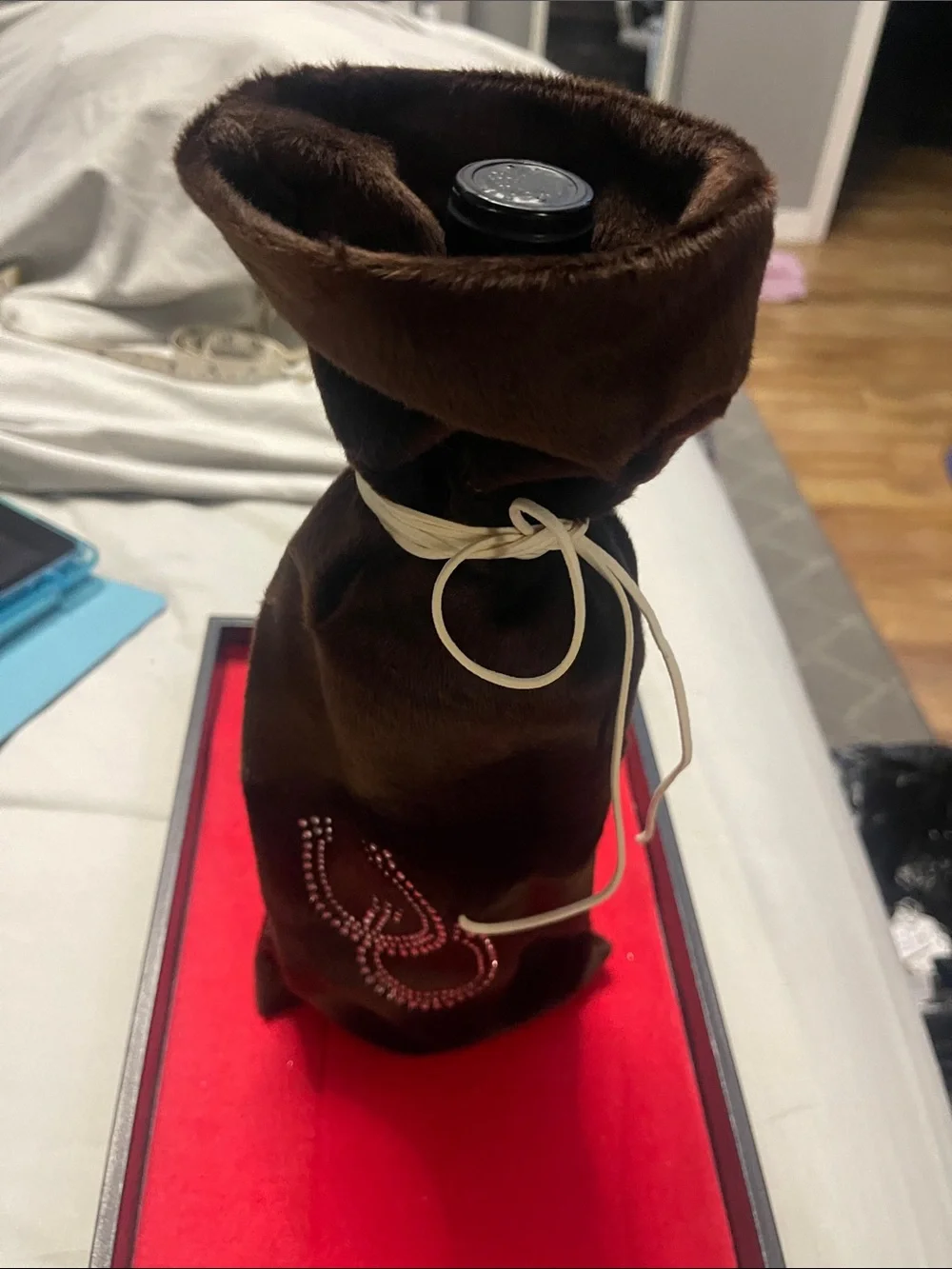 Brown Velvet Wine/Alcohol  Bottle Gift Bag with Rhinestone Horseshoes - New